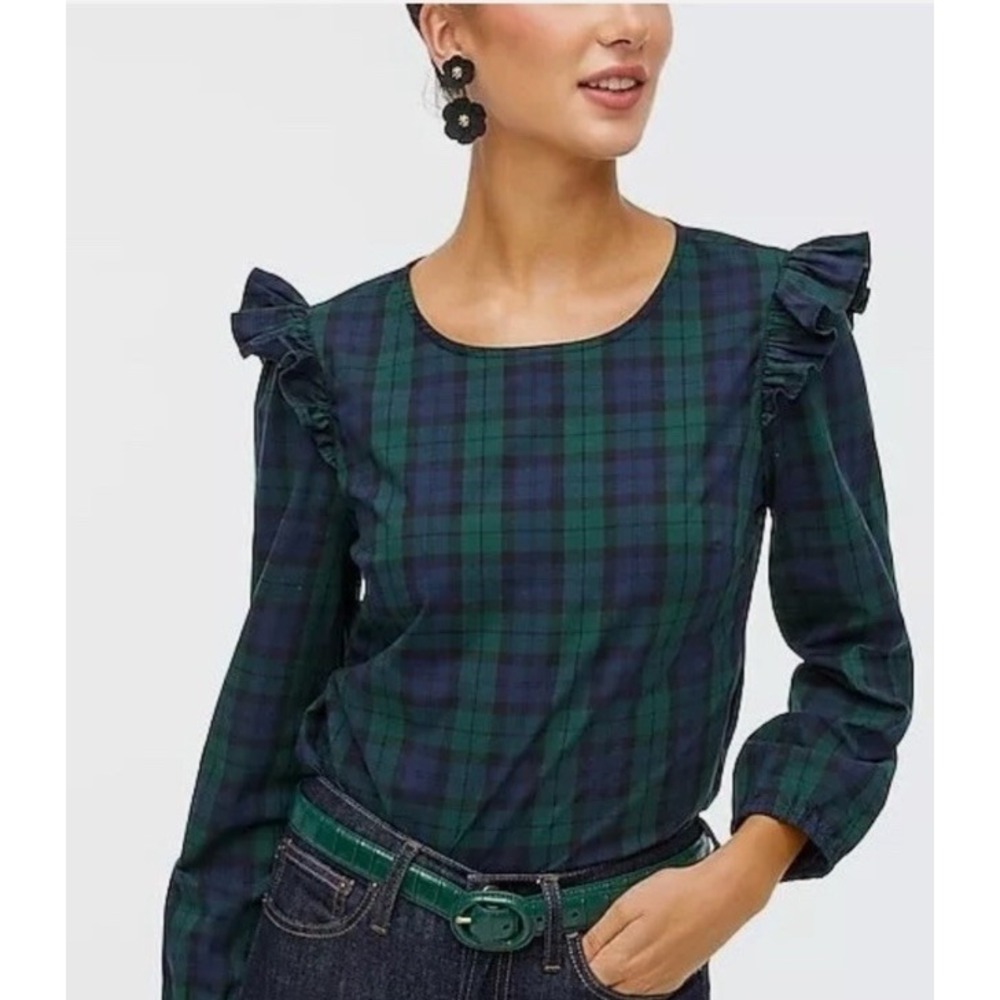 NWT J.Crew Women S Plaid Cotton Poplin Top Ruffle Shoulder Holiday Navy‎ Green